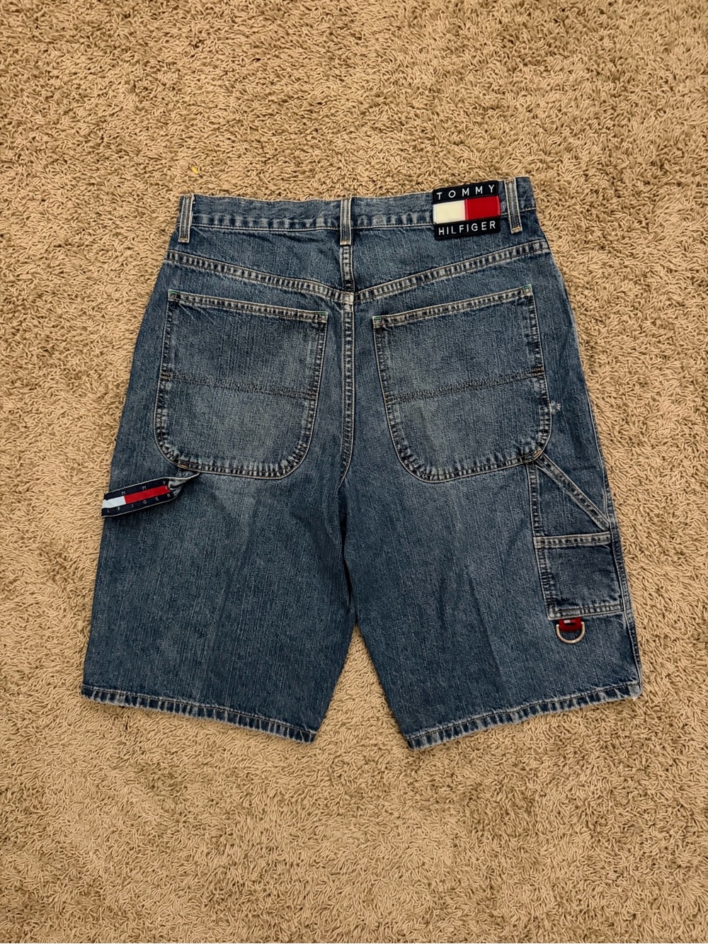 Vintage Tommy Hilfiger Jeans Cargo Jorts Mens 33 Y2K Baggy Denim Big Flag Patch